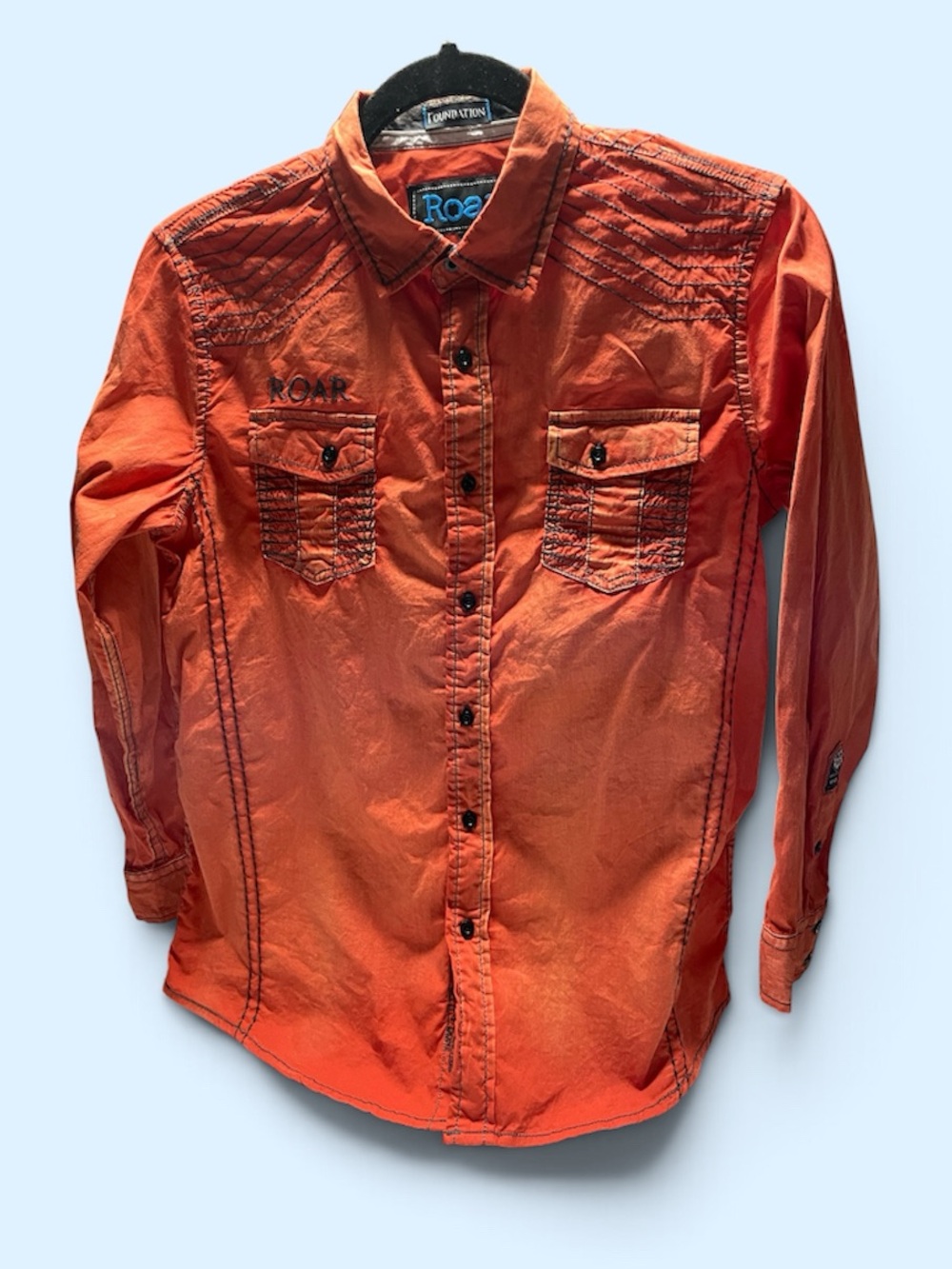 ROAR Signature Acid Wash Size Large L Mens Orange Button Down Embroidered Shirt
